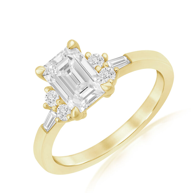 Emerald-Cut Lab Grown 1.5ct. Diamond With Brilliant & Baguette-Cut Accents Engagement Ring in 14k Yellow Gold image number null